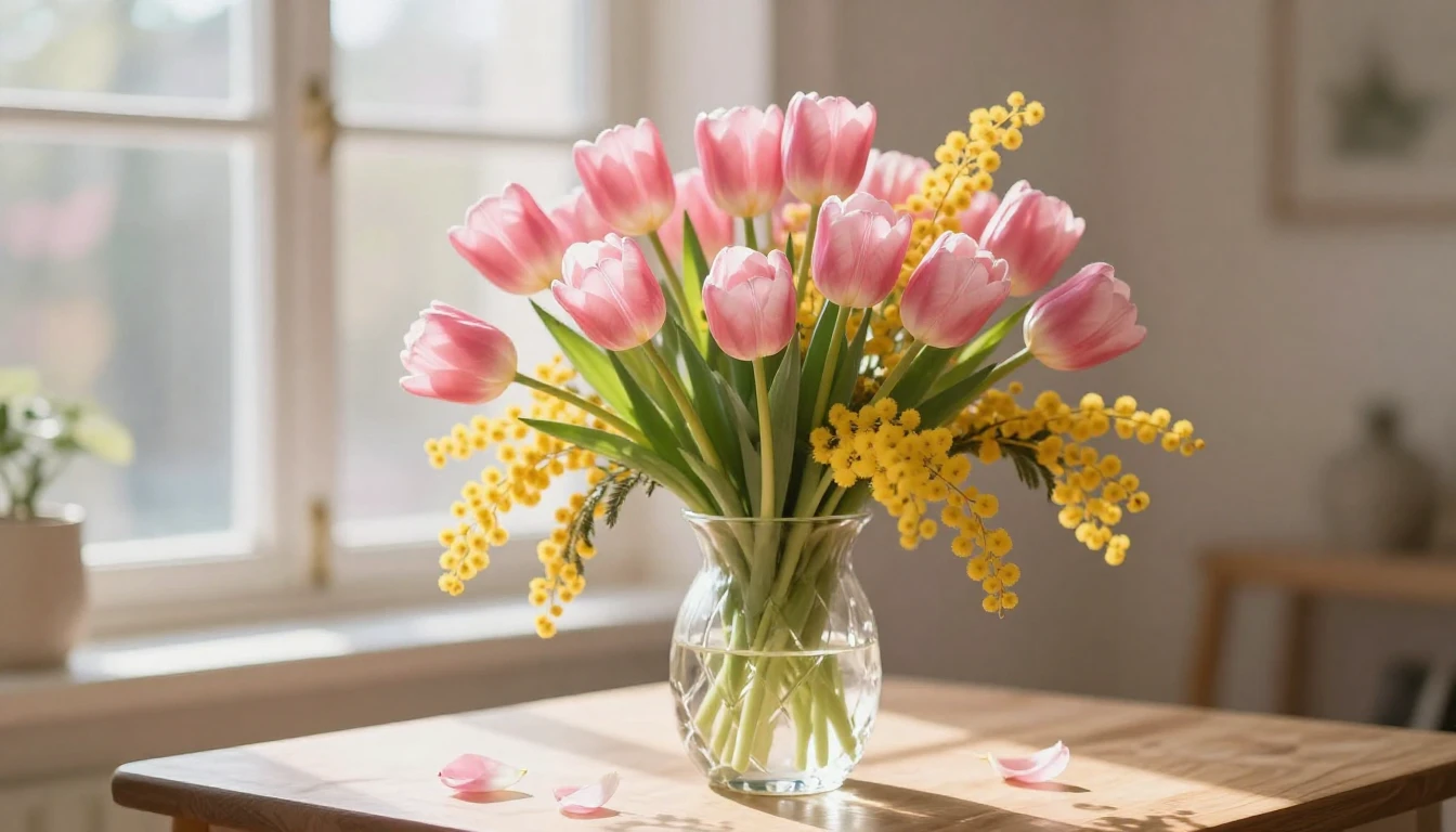 A breathtaking spring scene featuring a lush bouquet of pink...