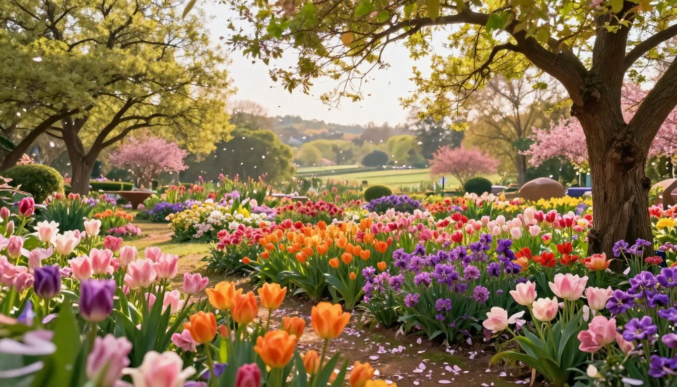 A lush, vibrant garden at the height of a spring festival. A...