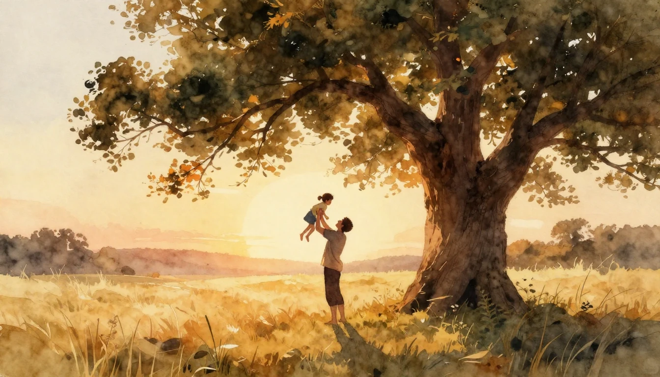 A warm and nostalgic watercolor painting featuring a large, ...