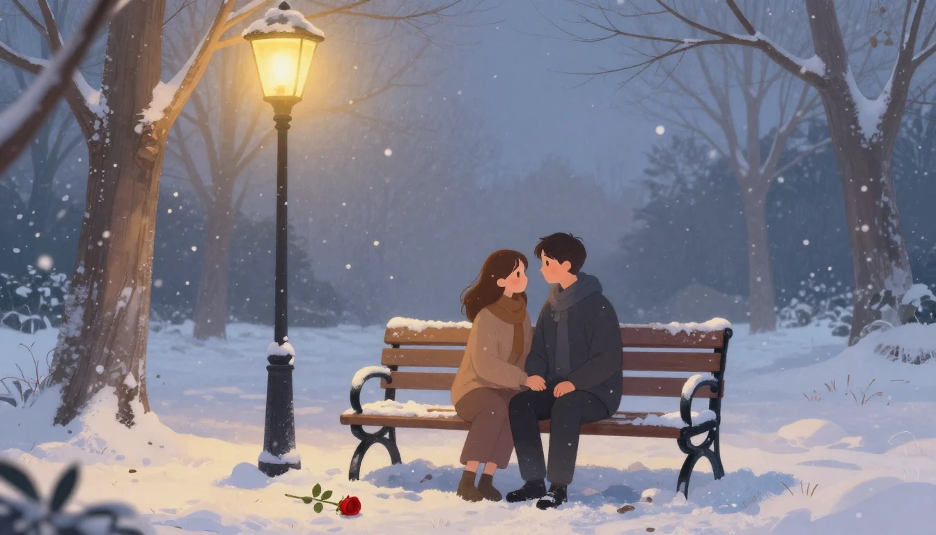 A warm, romantic illustration of a couple sitting on a bench...