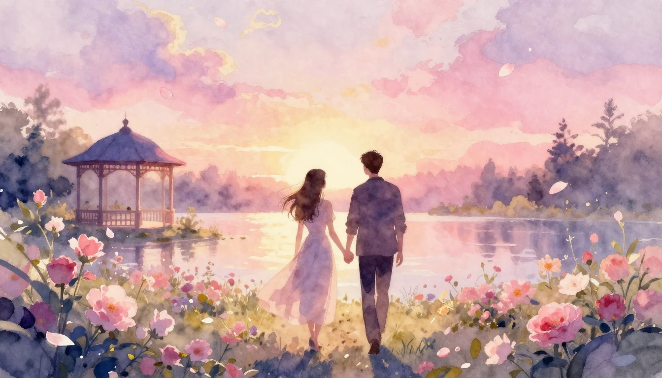 A dreamy watercolor painting of two silhouettes walking hand...