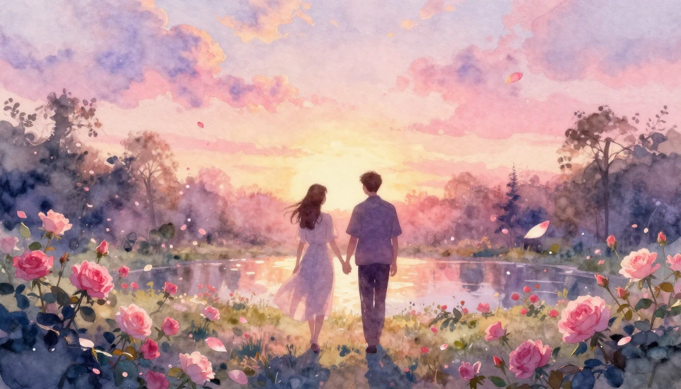 A soft watercolor painting depicting two silhouettes of peop...