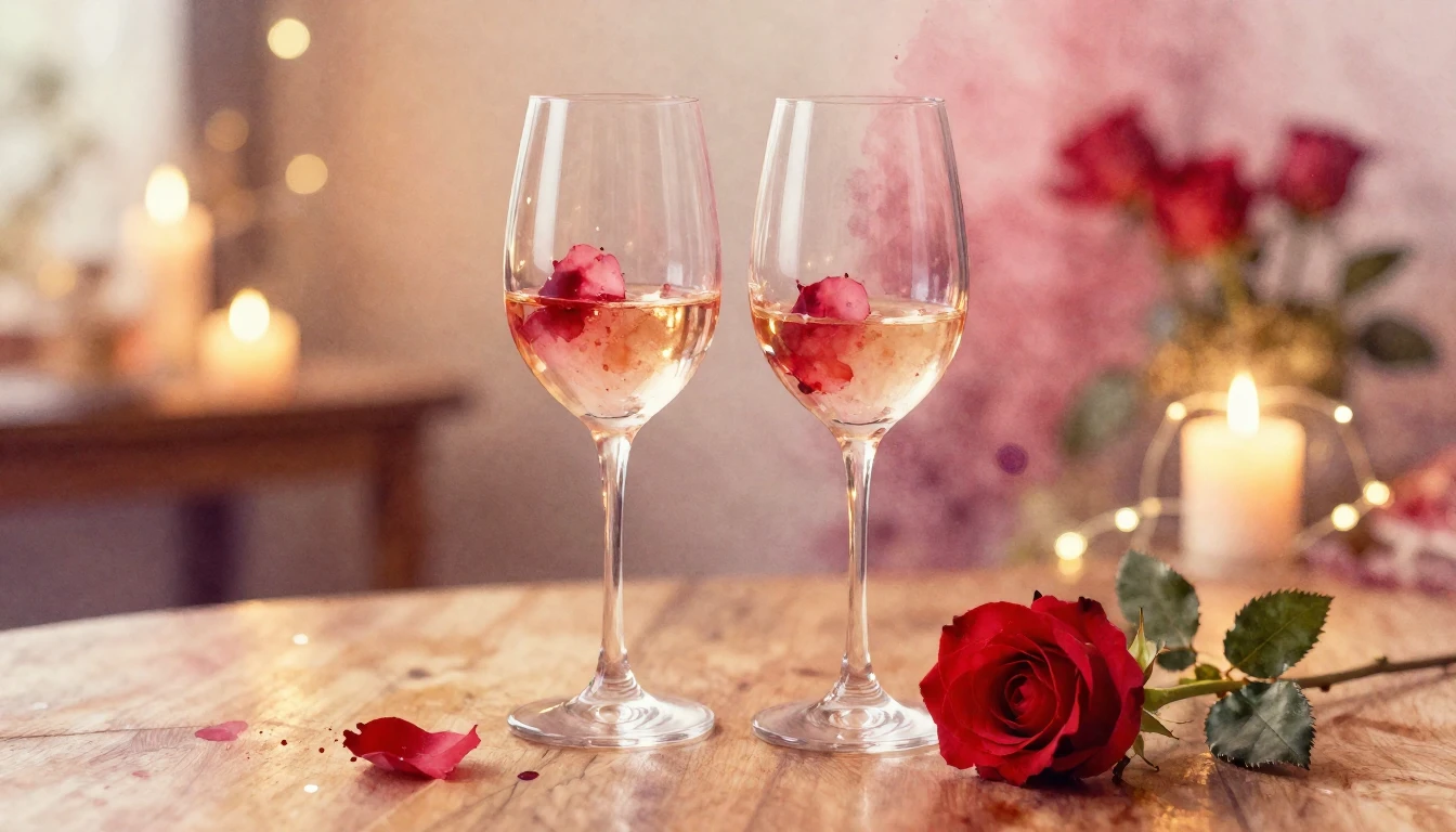 A soft watercolor painting of two elegant wine glasses stand...