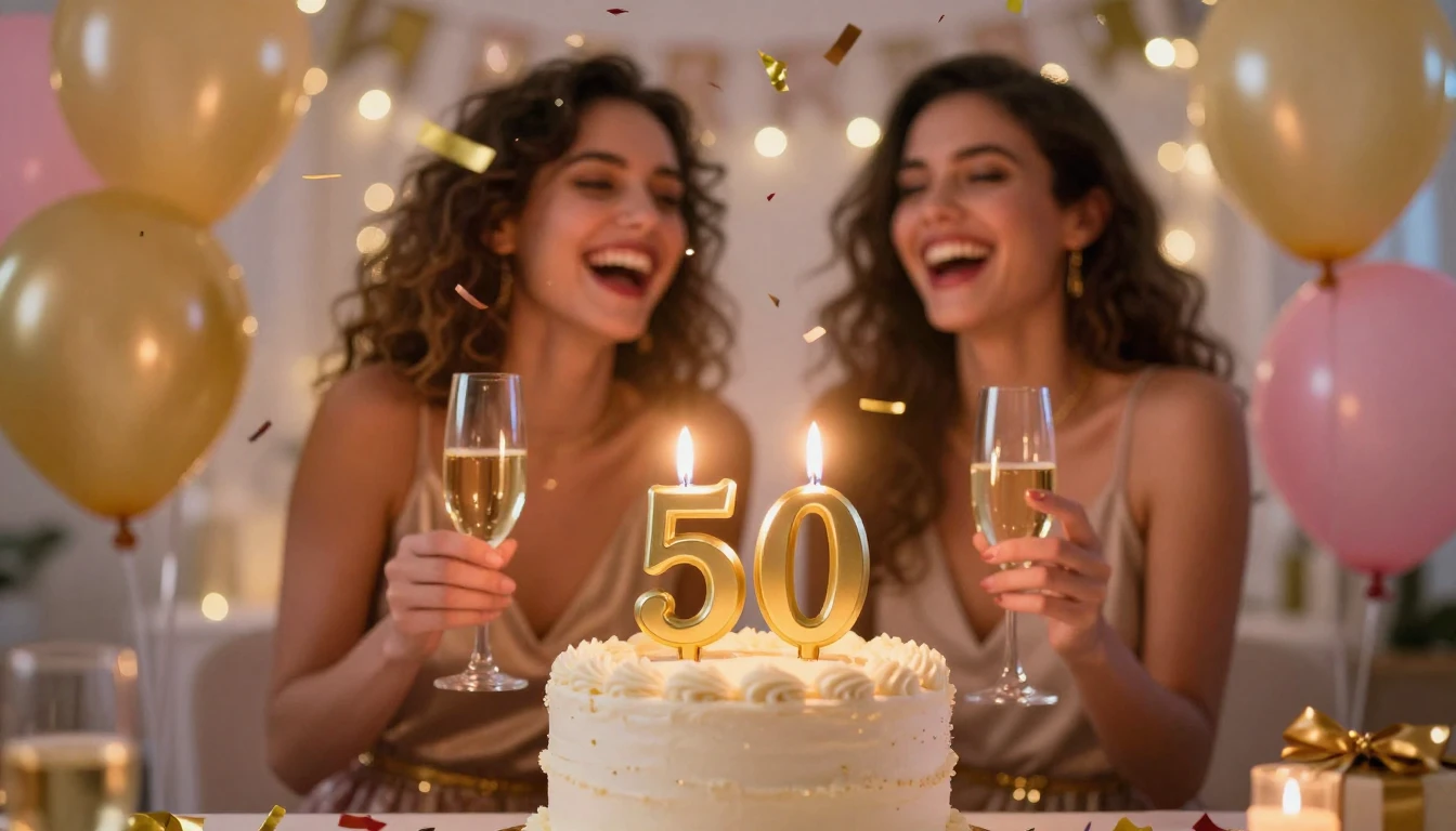 A joyful, vibrant birthday celebration scene. A beautiful, e...