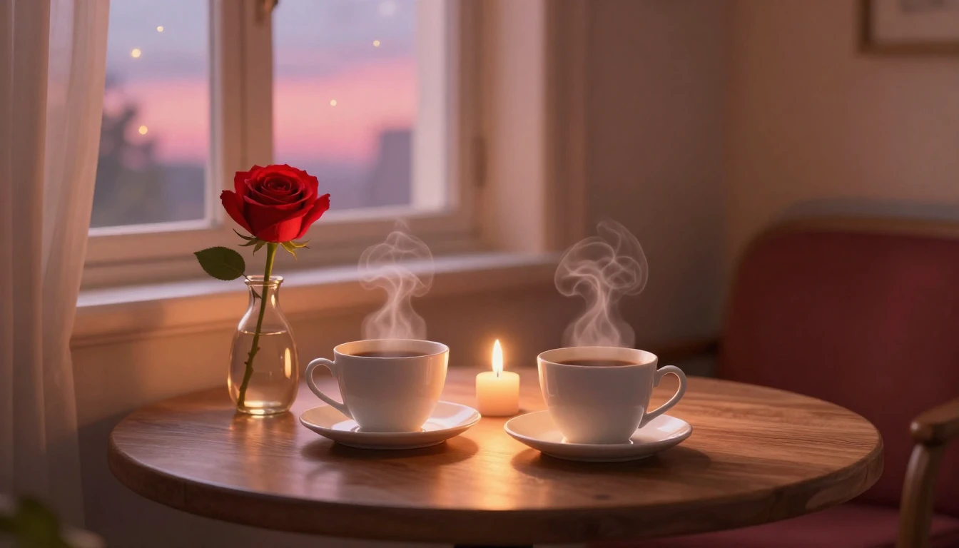 A cozy interior scene during a romantic evening. Two steamin...