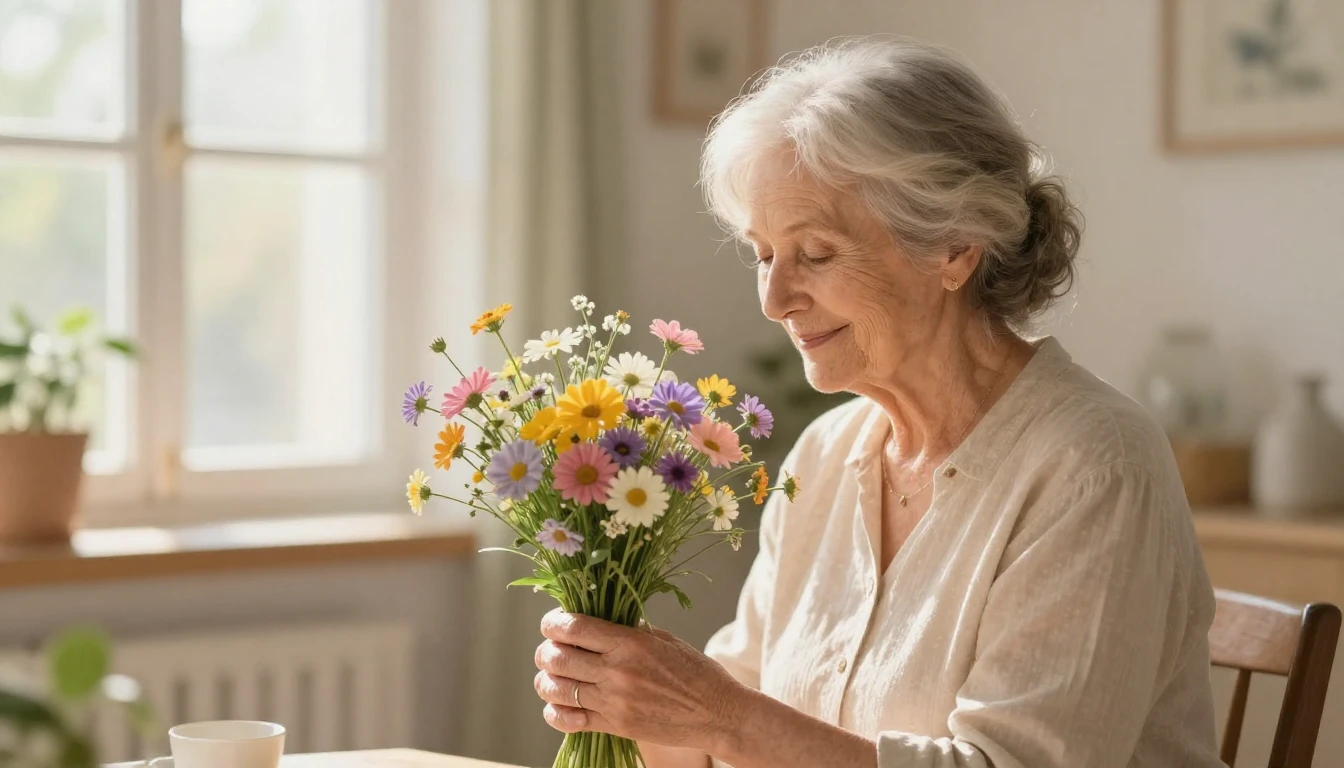 A warm and heartwarming illustration of an elderly mother ho...
