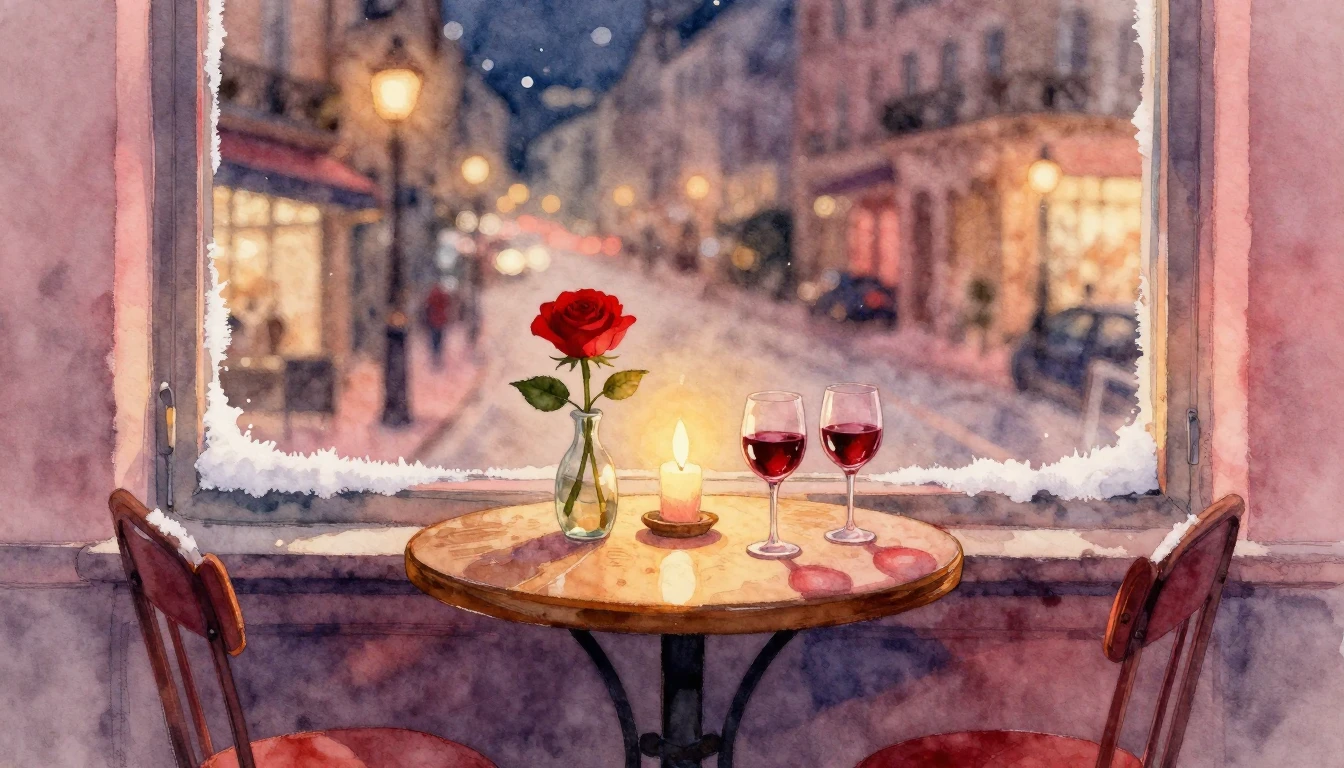 A romantic watercolor painting of a cozy evening scene. A sm...