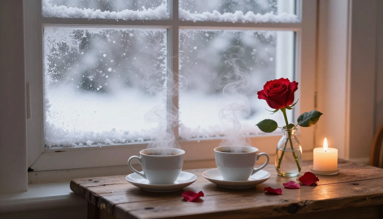 A romantic and cozy scene next to a frosted window with a vi...