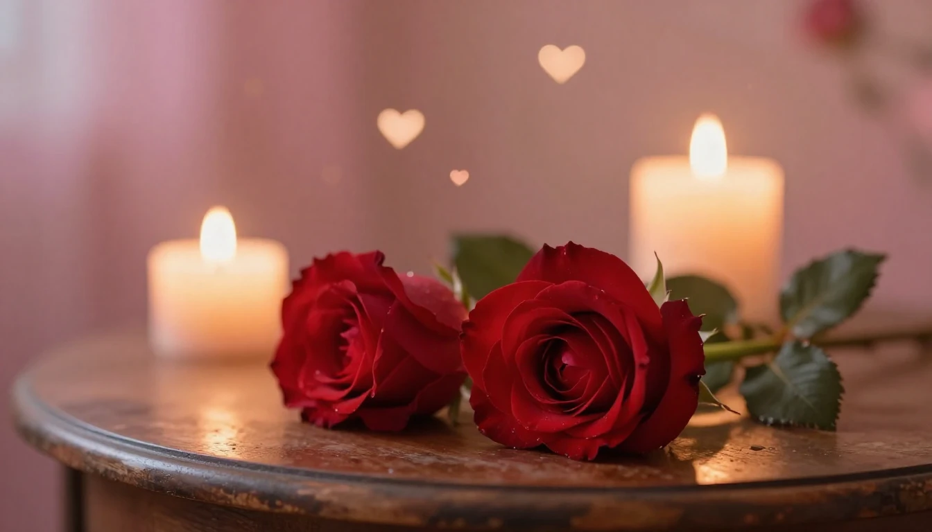 A dreamy and ethereal scene featuring two delicate red roses...