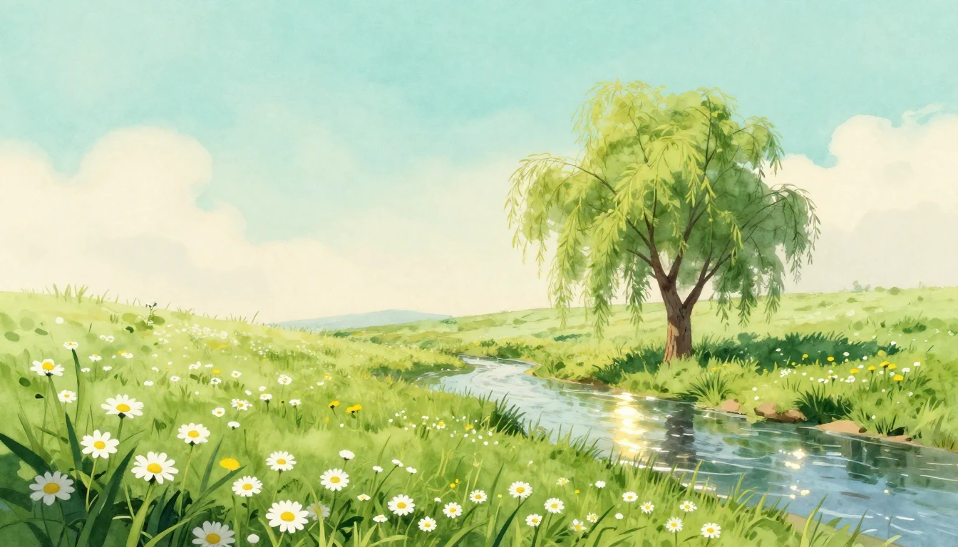 A serene spring meadow depicted in a soft watercolor style. ...