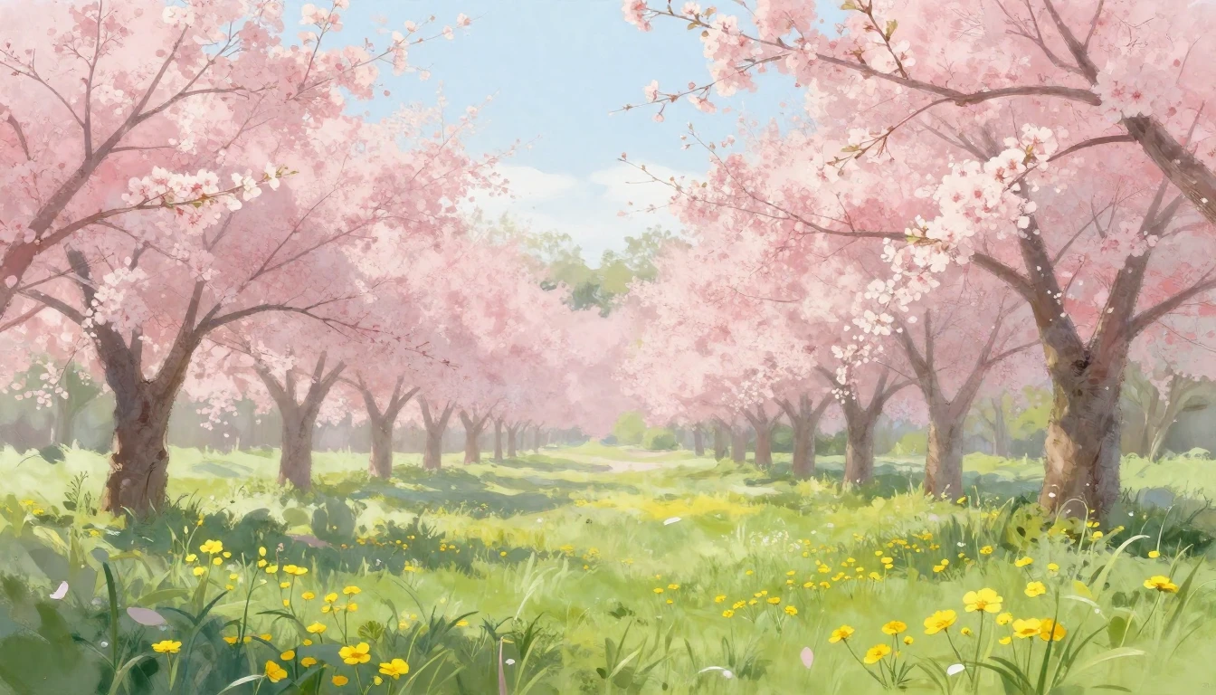 A serene landscape of a lush spring meadow in full bloom. So...