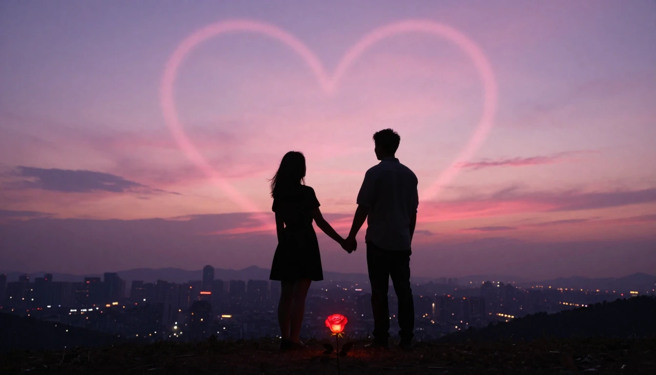 A romantic and surreal scene featuring two silhouettes holdi...