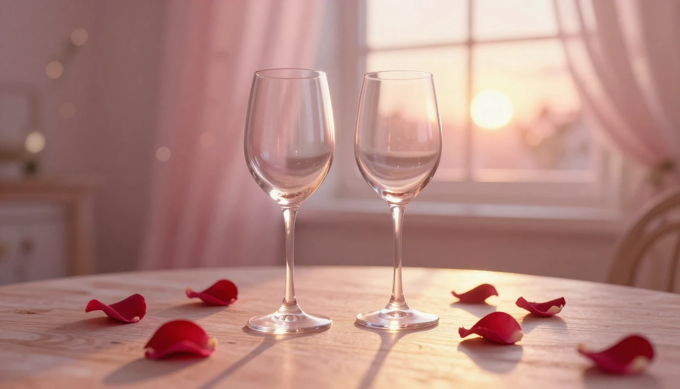 A soft and dreamy scene featuring two elegant wine glasses o...