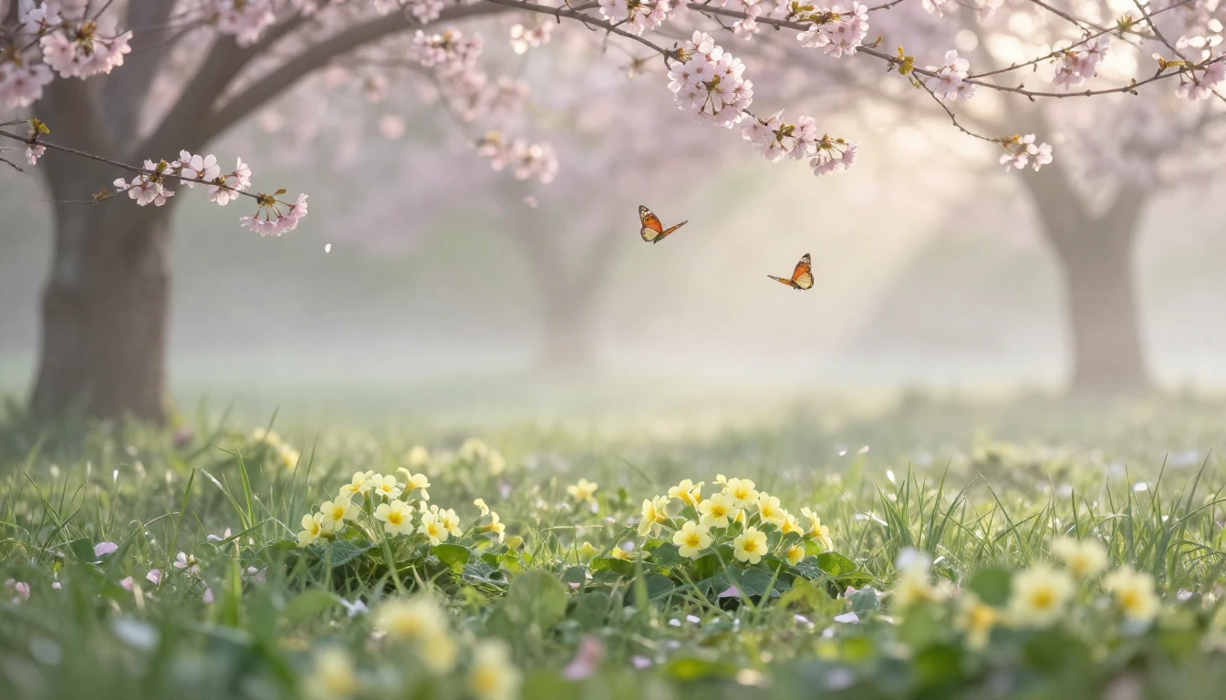 A lush meadow at dawn during early spring. Soft pastel color...