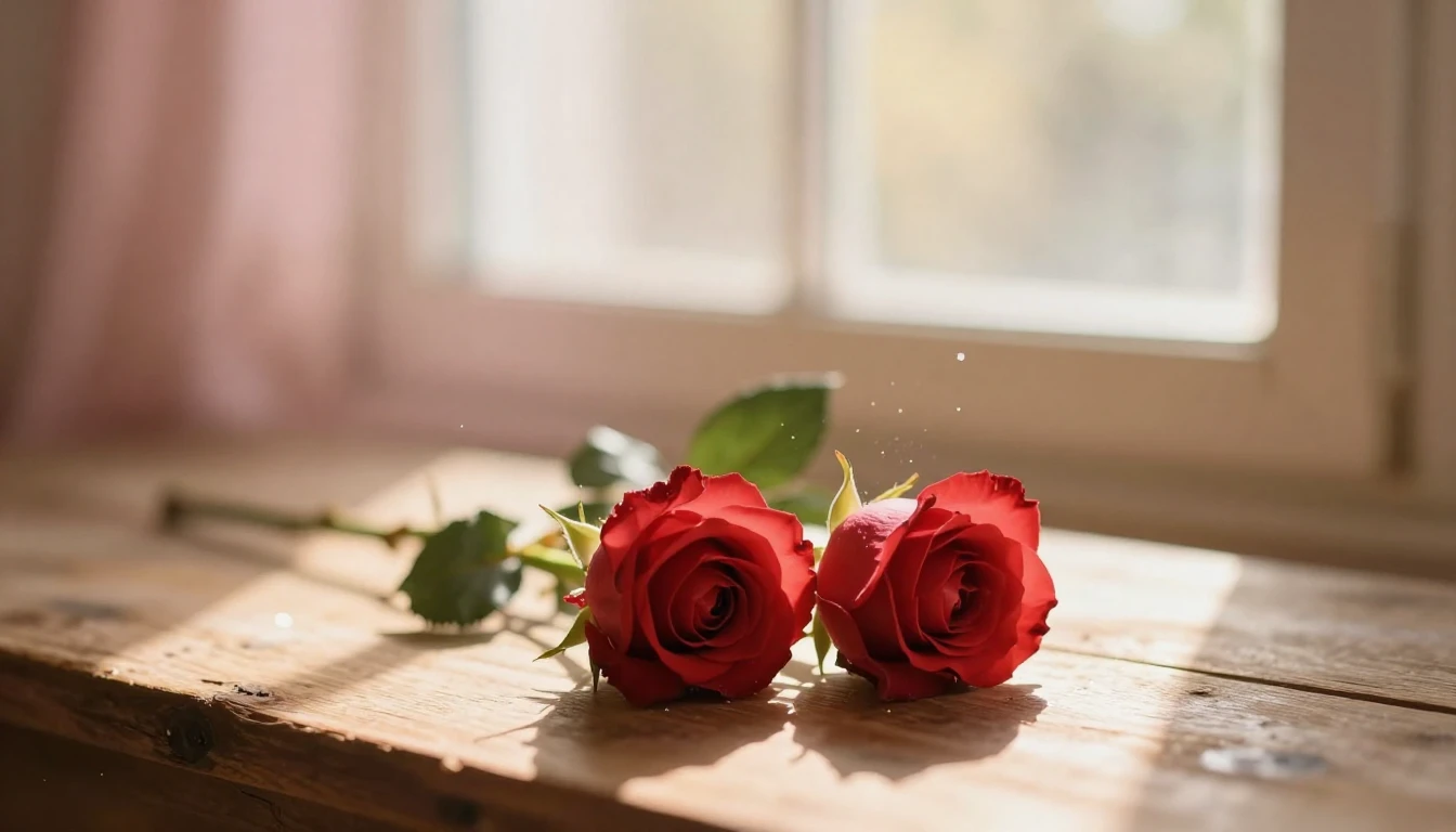 A dreamy and ethereal scene featuring two delicate red roses...