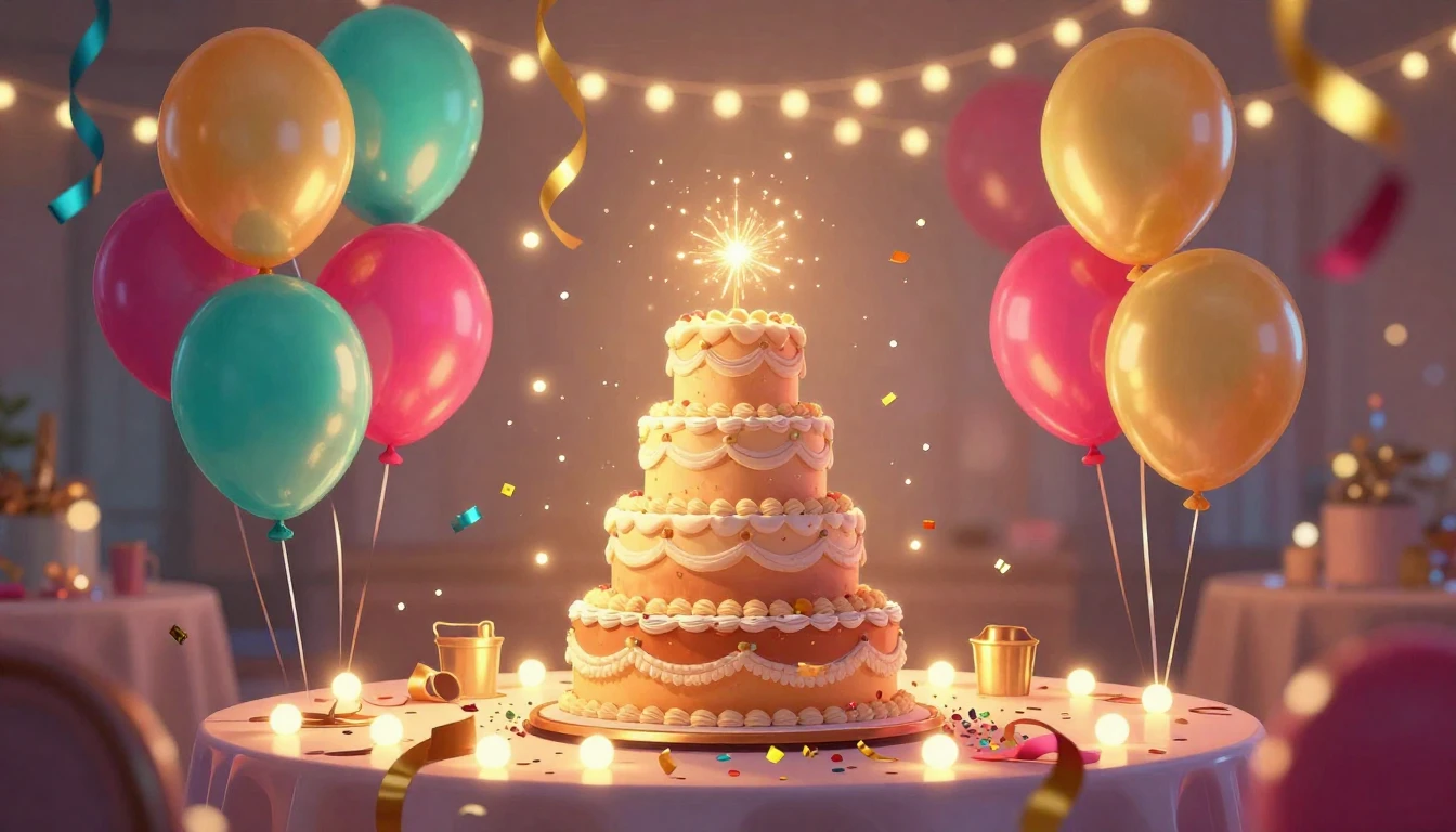 A festive scene of a grand birthday celebration. Colorful ba...