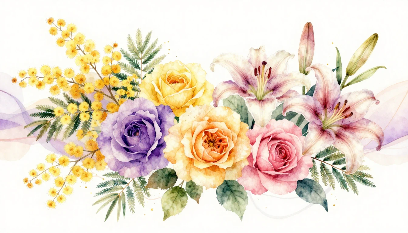 A vibrant and elegant watercolor painting featuring a divers...