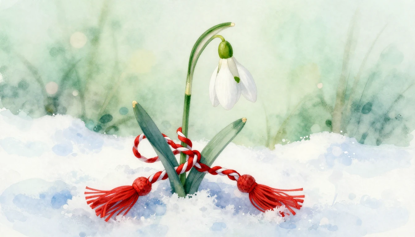 A delicate watercolor painting of a snowdrop flower emerging...