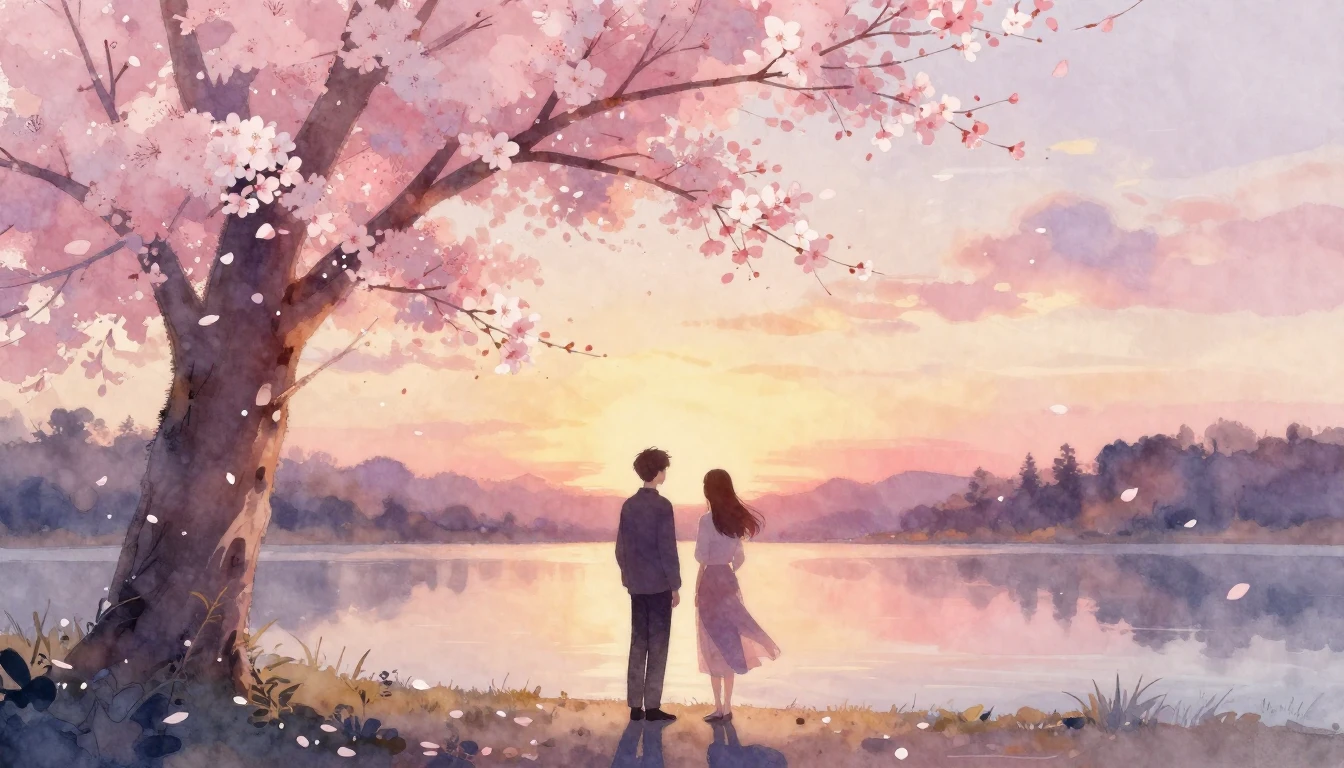 A soft watercolor painting of two silhouettes standing under...