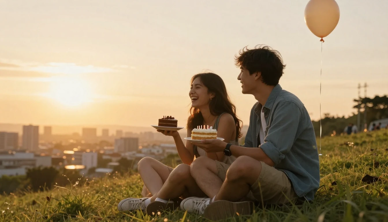 A warm and nostalgic scene of two friends sitting on a grass...