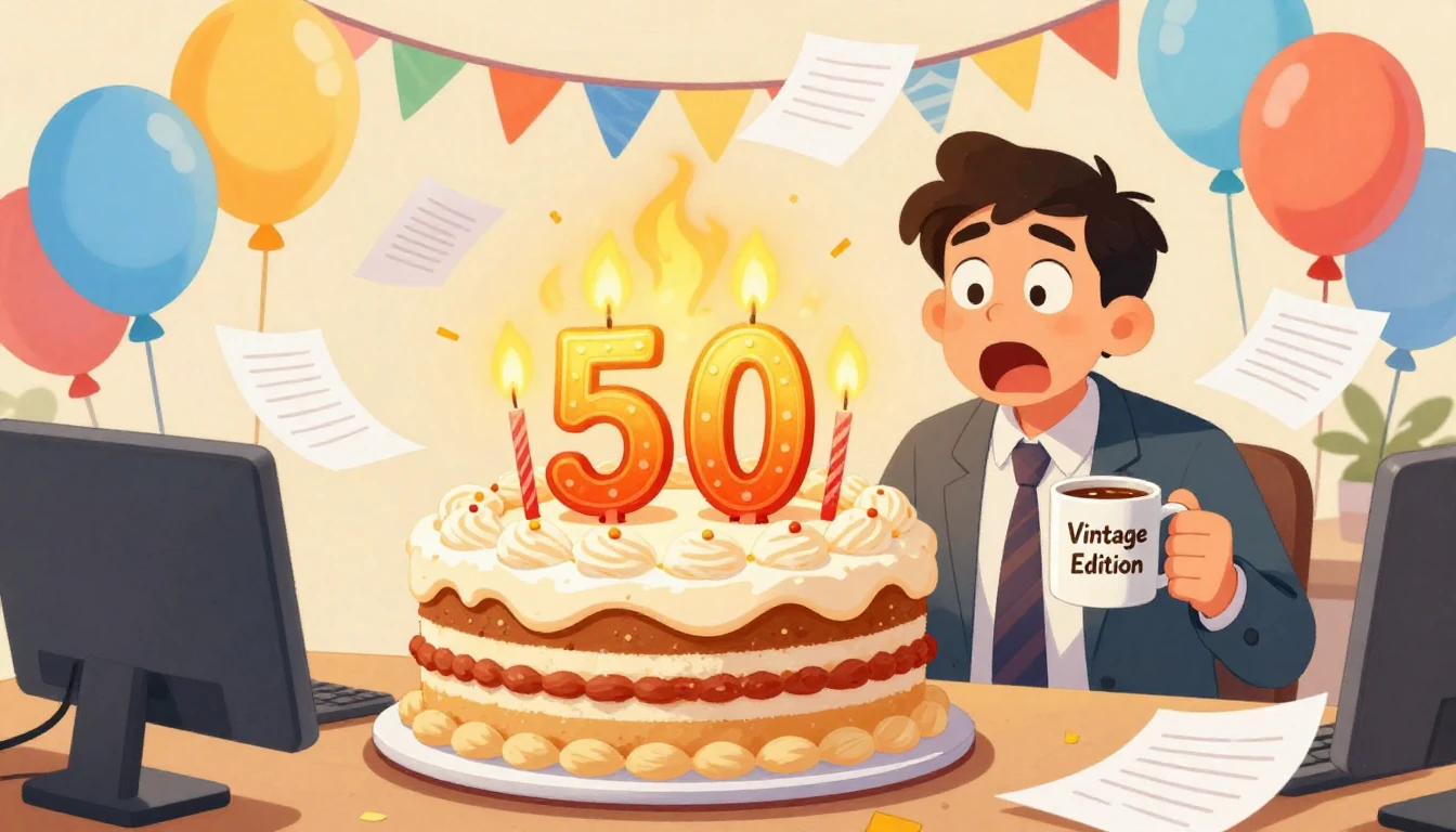 A vibrant and funny cartoon illustration of an office birthd...