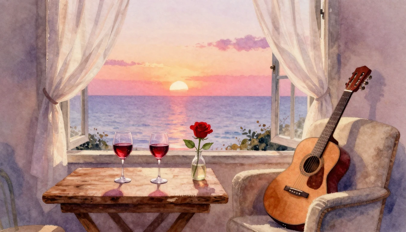 A soft and romantic watercolor painting depicting a cozy int...