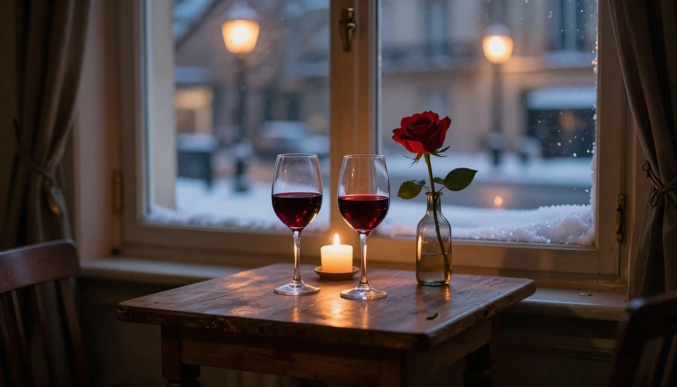 A romantic and intimate composition focusing on a small, rus...