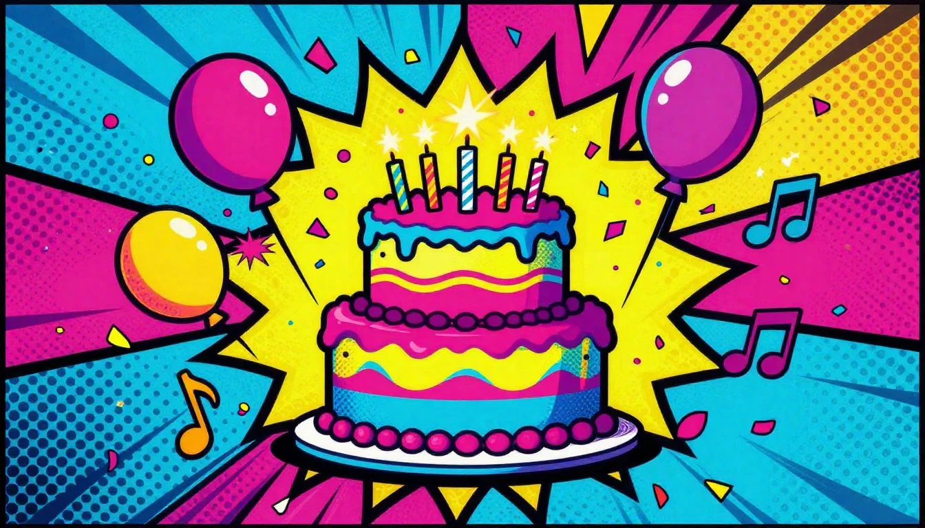 A vibrant and explosive Pop Art illustration of a birthday c...