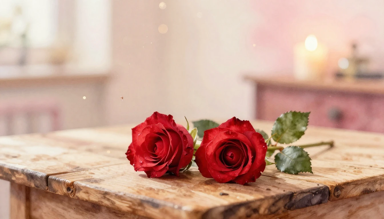 A soft watercolor painting of two delicate red roses intertw...