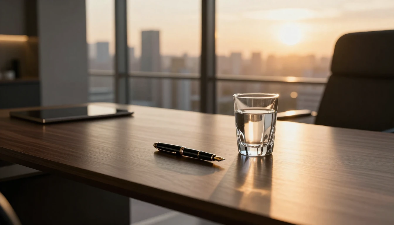 A high-angle view of a sleek, modern executive desk made of ...