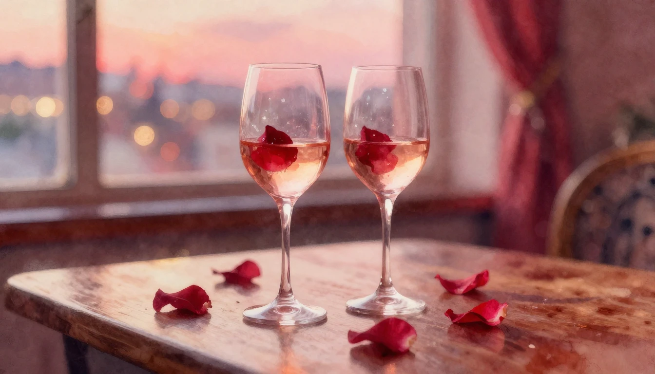 A dreamy watercolor painting of two elegant wine glasses sit...