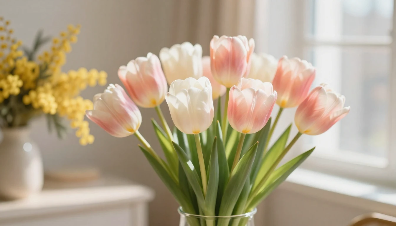 A beautiful spring scene featuring a vibrant bouquet of tuli...