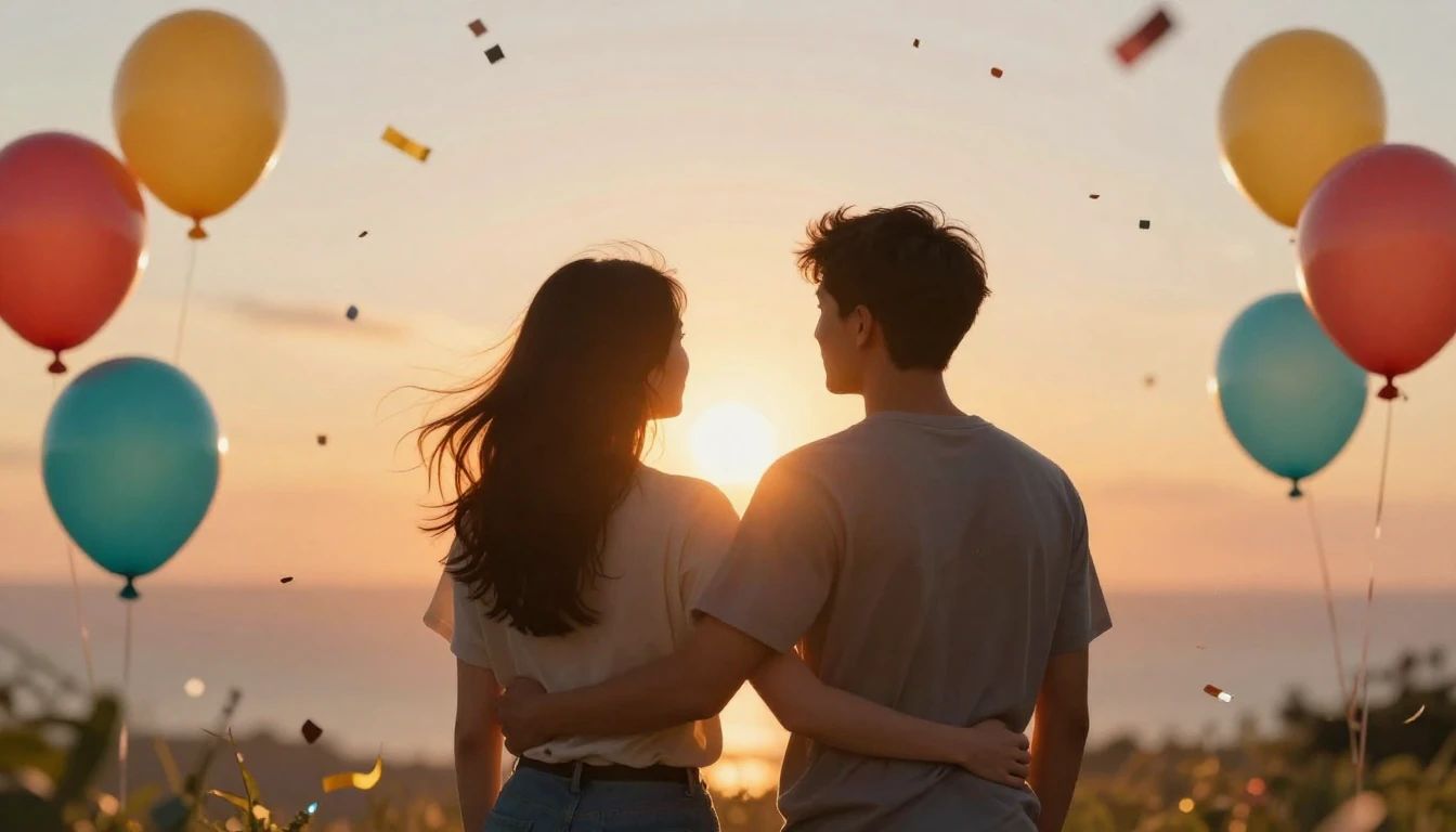 A vibrant and joyful scene celebrating friendship and a birt...