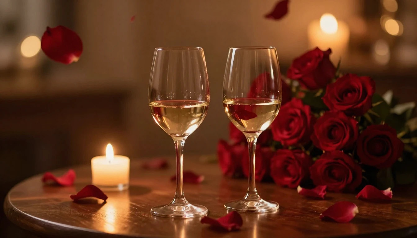 A breathtakingly romantic scene featuring two elegant wine g...