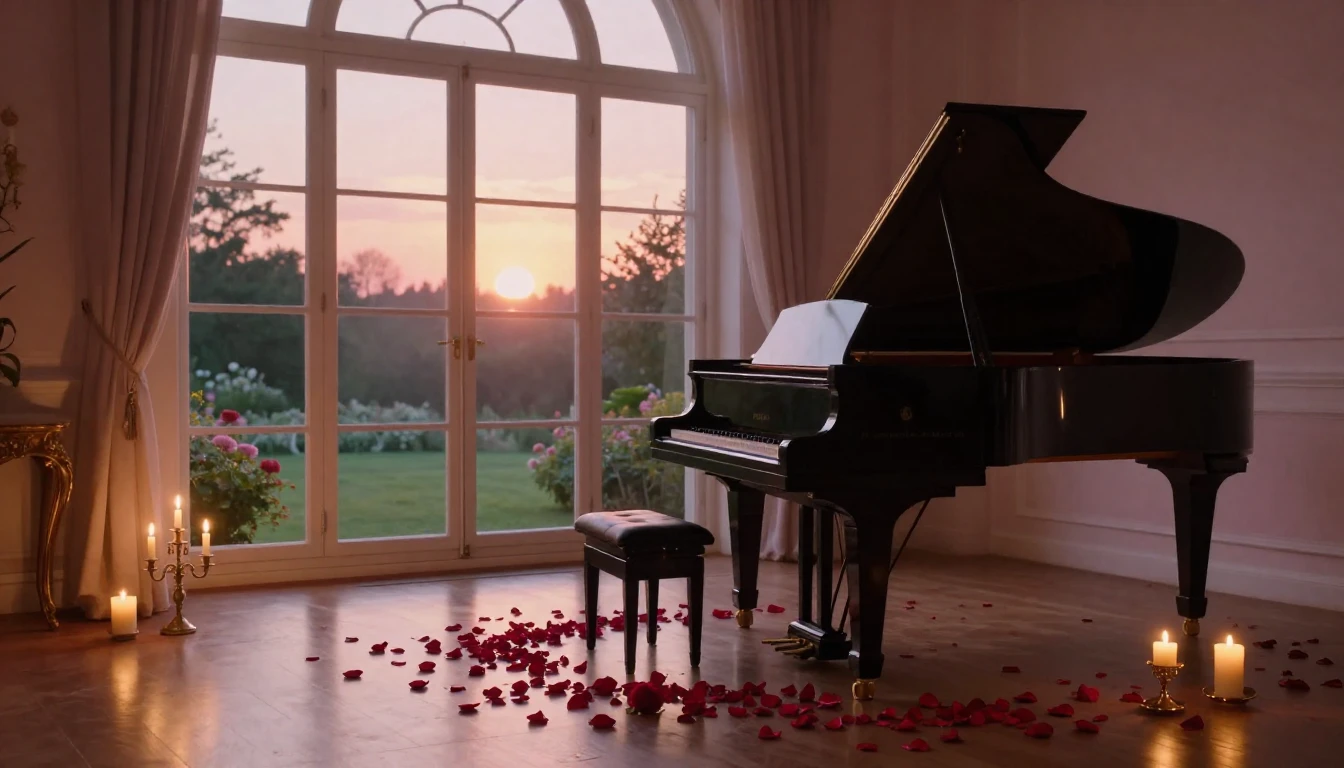 A breathtaking scene of a quiet, elegant room at dusk. A gra...