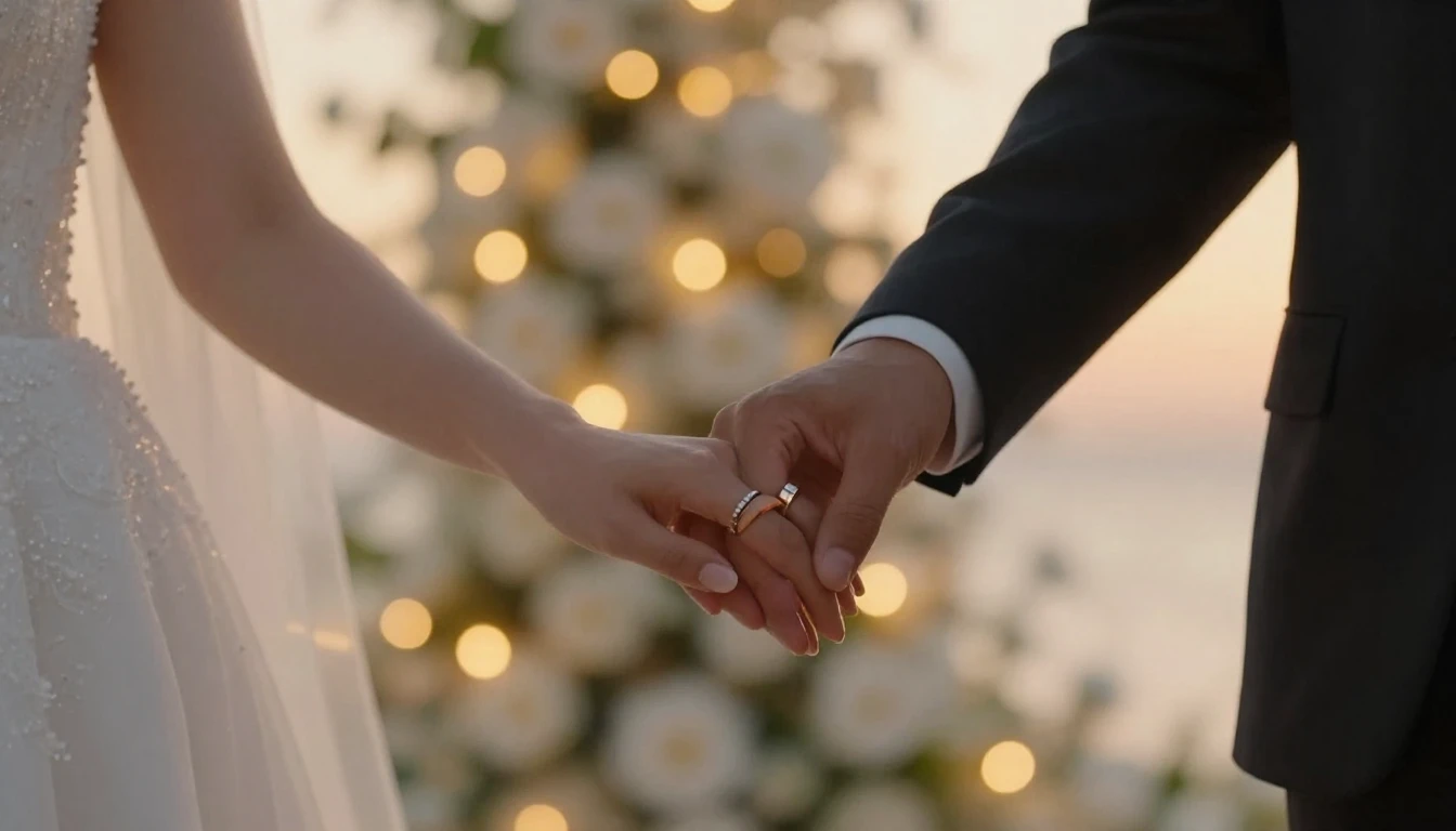 A cinematic close-up shot of a bride and groom holding hands...