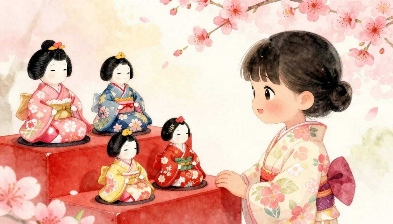A heartwarming watercolor illustration for Hinamatsuri. A cu...