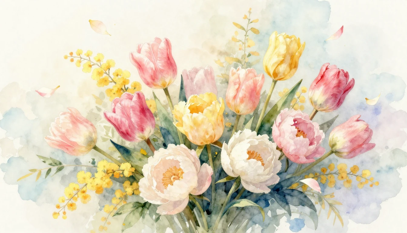 A beautiful watercolor painting of a lush spring bouquet fea...
