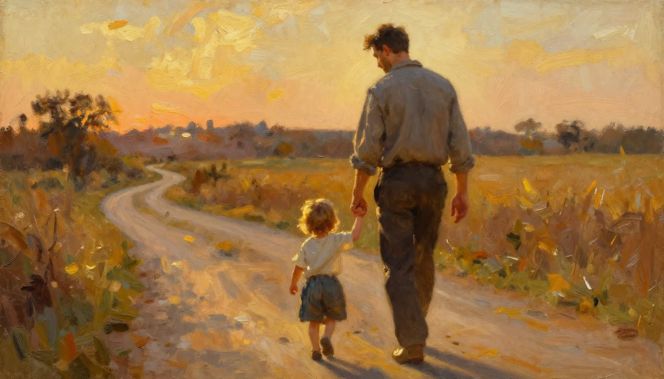 A heartwarming oil painting capturing a nostalgic scene of a...