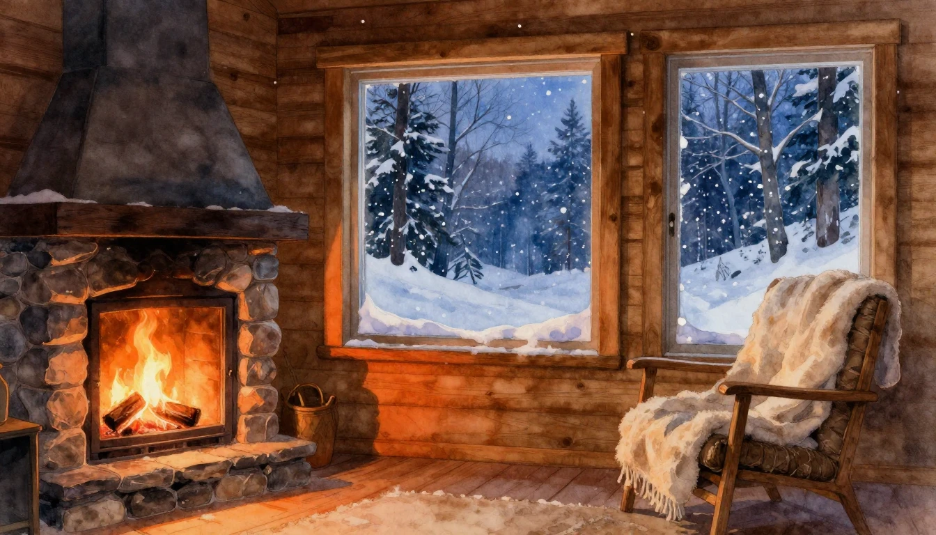 A cozy wooden cabin interior during a snowy winter evening. ...