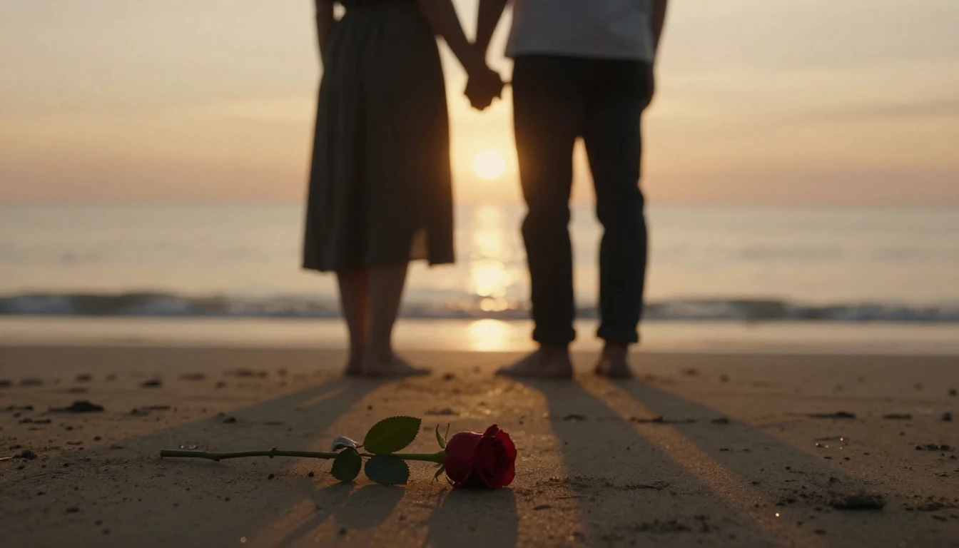 A highly cinematic and romantic scene at sunset, silhouettes...