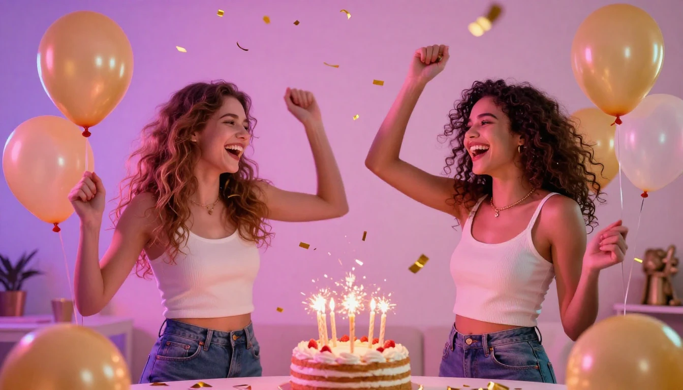 A vibrant and celebratory scene featuring two young women la...