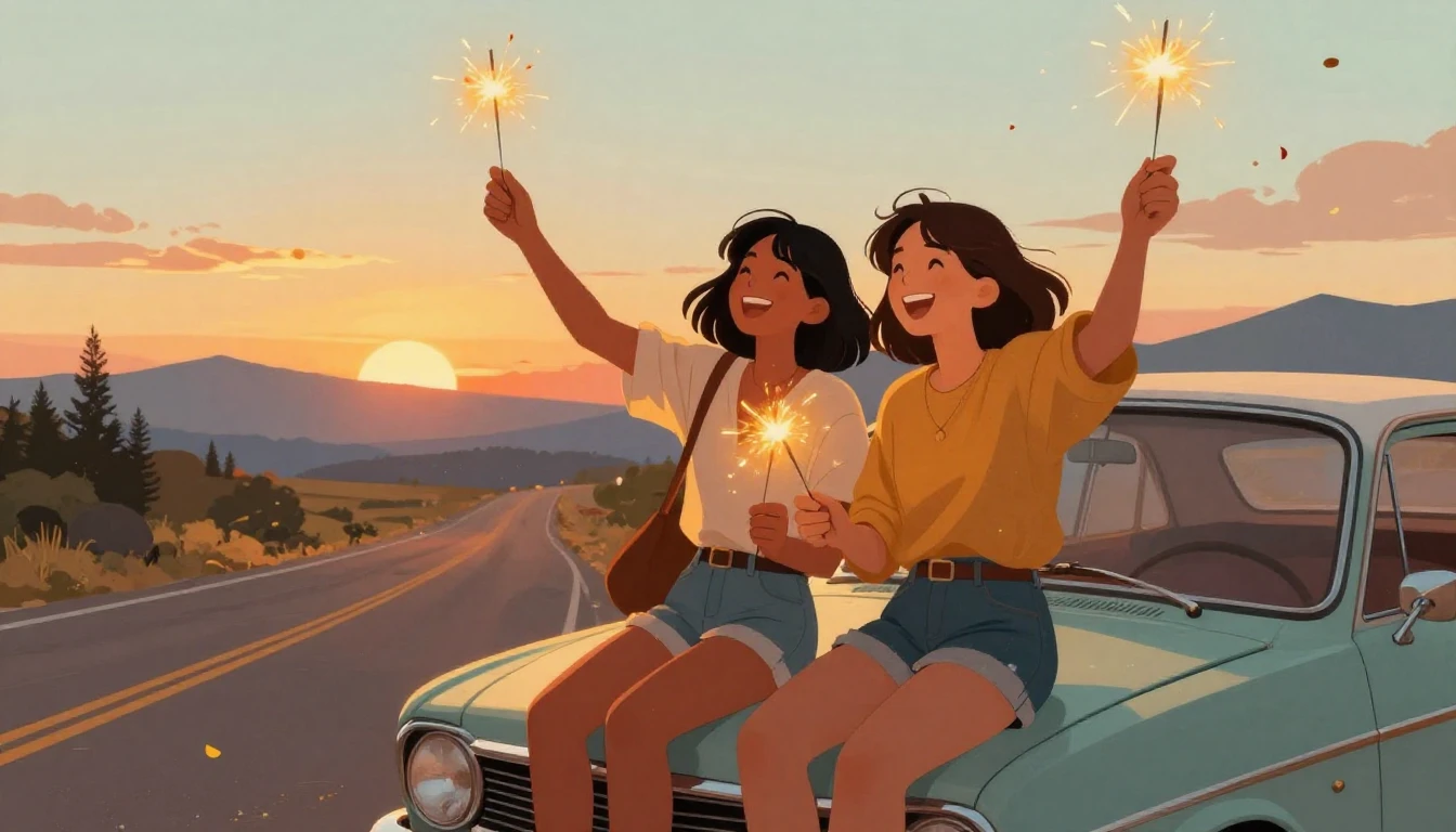 A nostalgic and warm illustration of two best friends sittin...