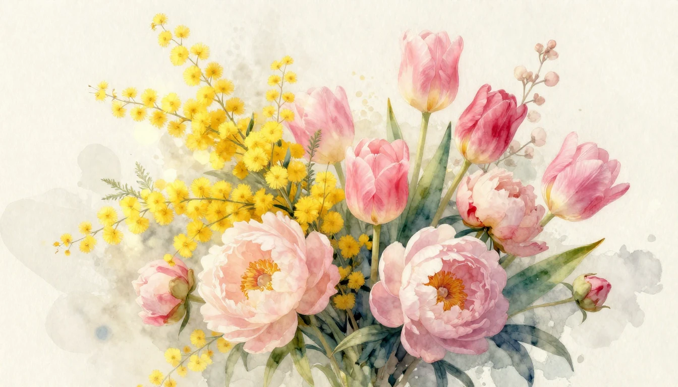 A beautiful watercolor painting of a lush bouquet of spring ...