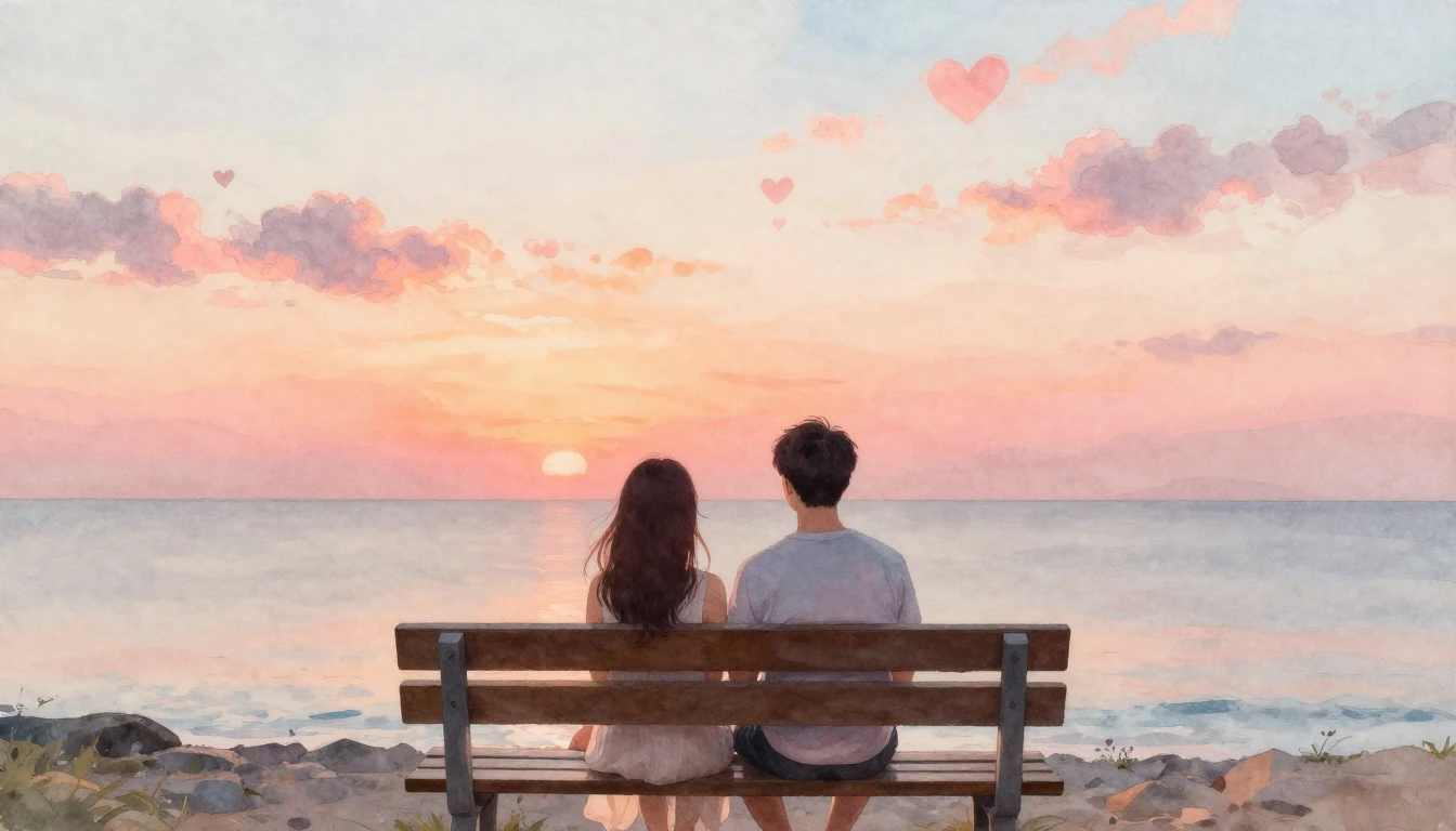 A romantic watercolor painting of a couple sitting on a wood...