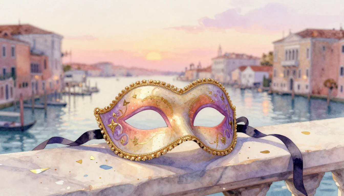 A delicate watercolor painting of a classic Venetian mask re...
