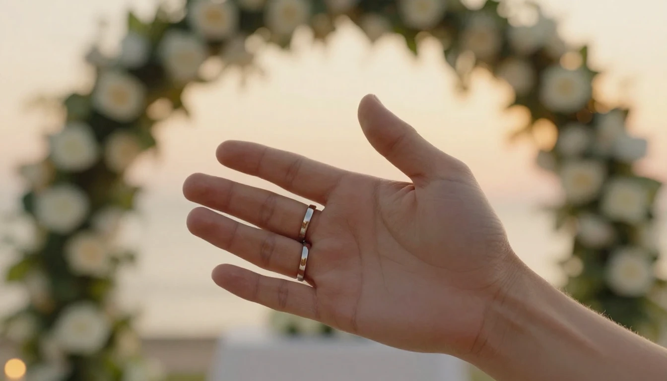 A close-up, romantic shot of two hands holding each other, f...