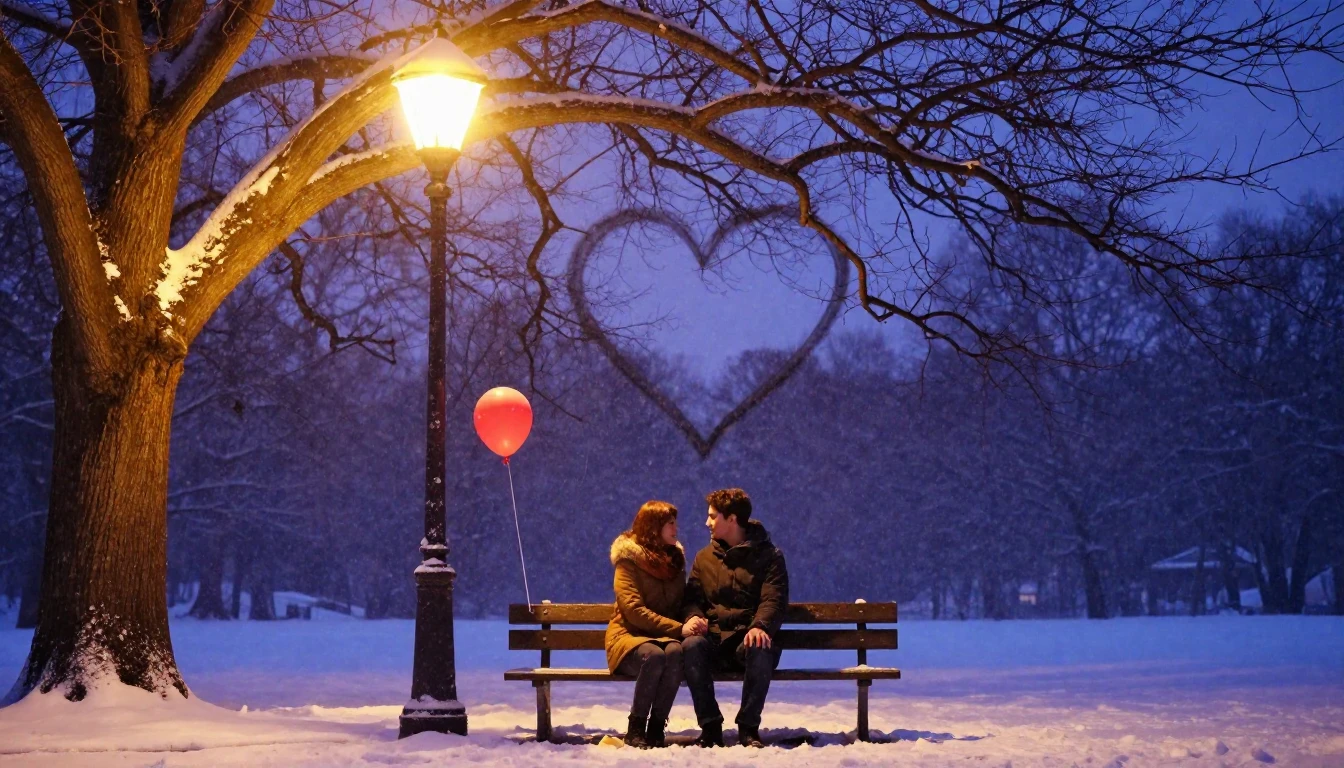 A soft and romantic scene of a couple sitting on a wooden be...