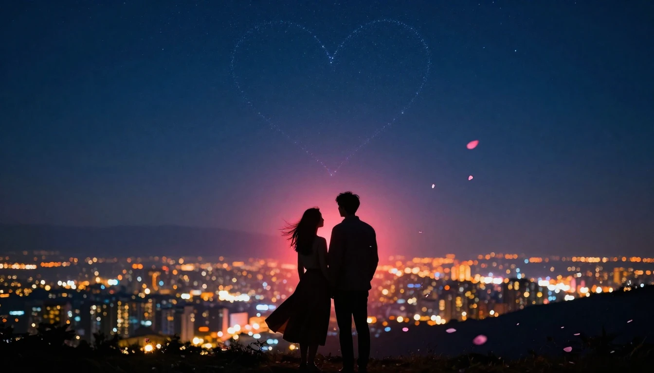 A romantic and atmospheric scene featuring silhouettes of a ...