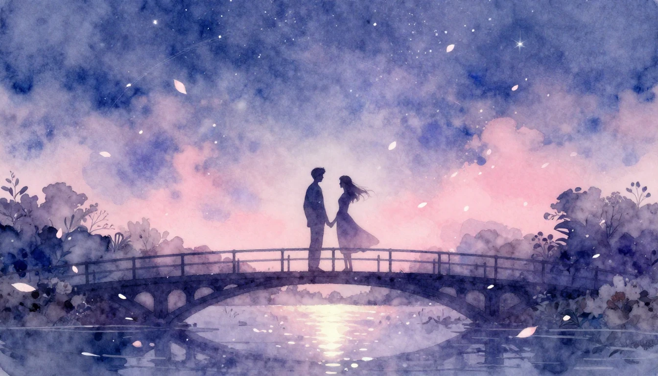 A beautiful and soft watercolor painting depicting two silho...